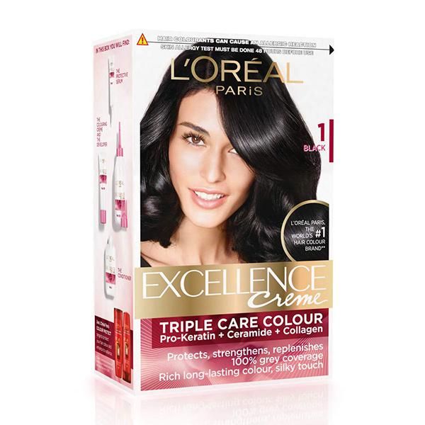Loreal Paris Excellence Creme Hair Color - Shade 1 Black, 100g + 72ml (Total Repair Shampoo 82.8ml Free) 