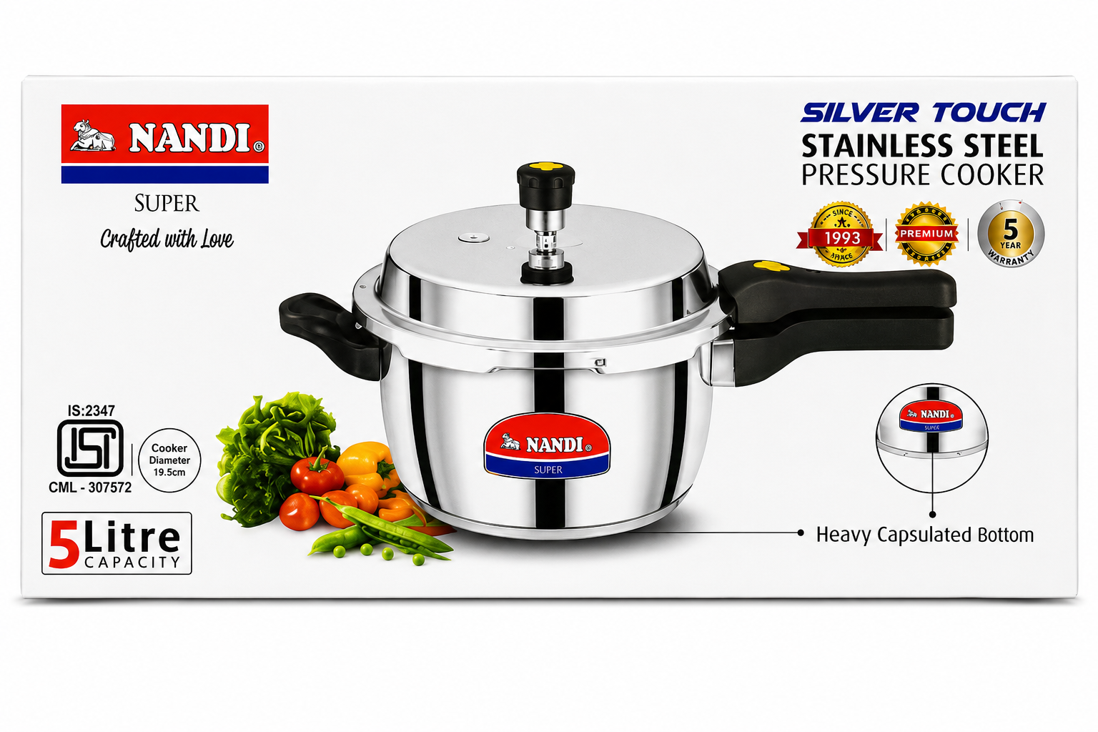 NANDI Silver Touch Super Stainless Steel Pressure Cooker, 5 Litre