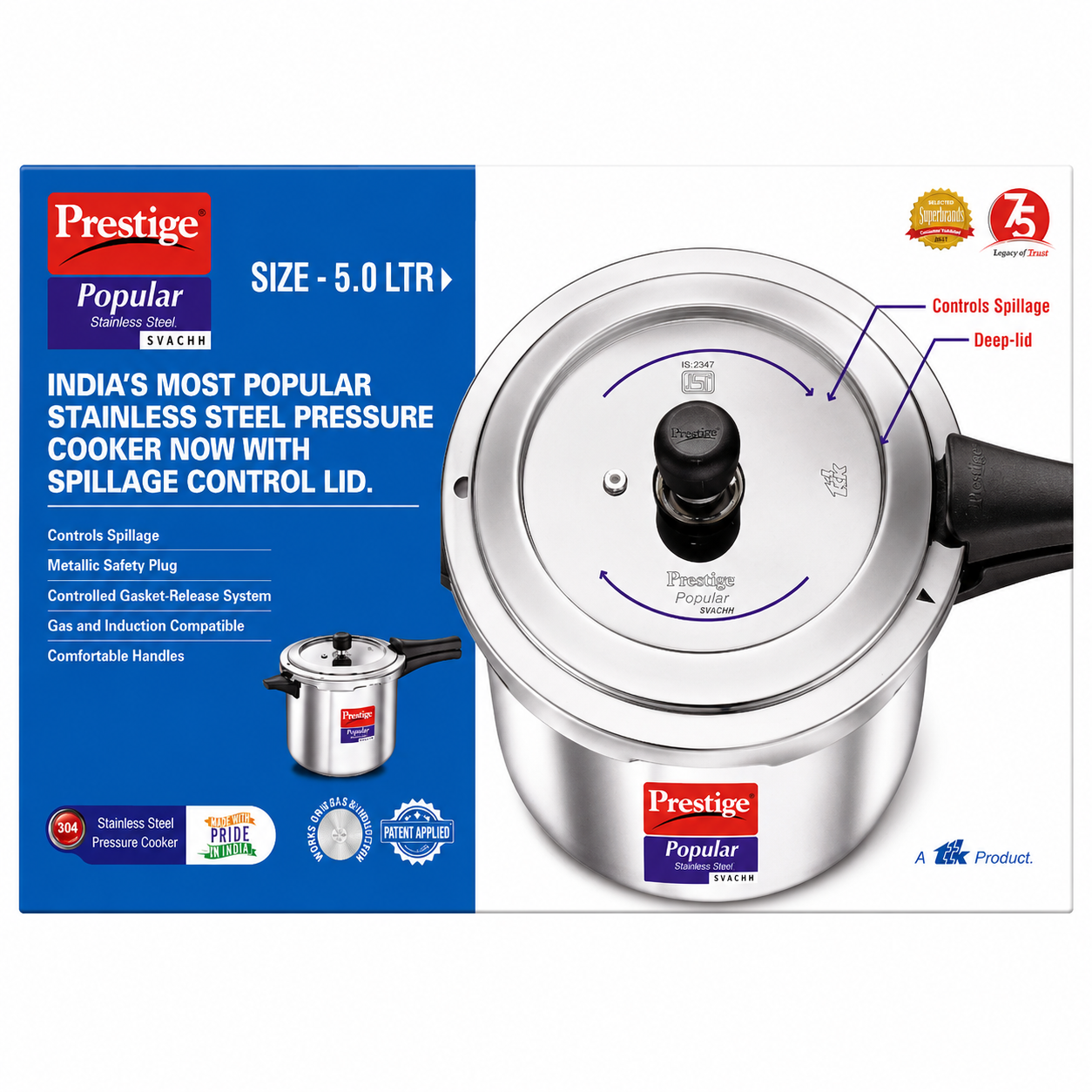 Prestige | Popular Svachh | Pressure Cooker Stainless Steel (5L)
