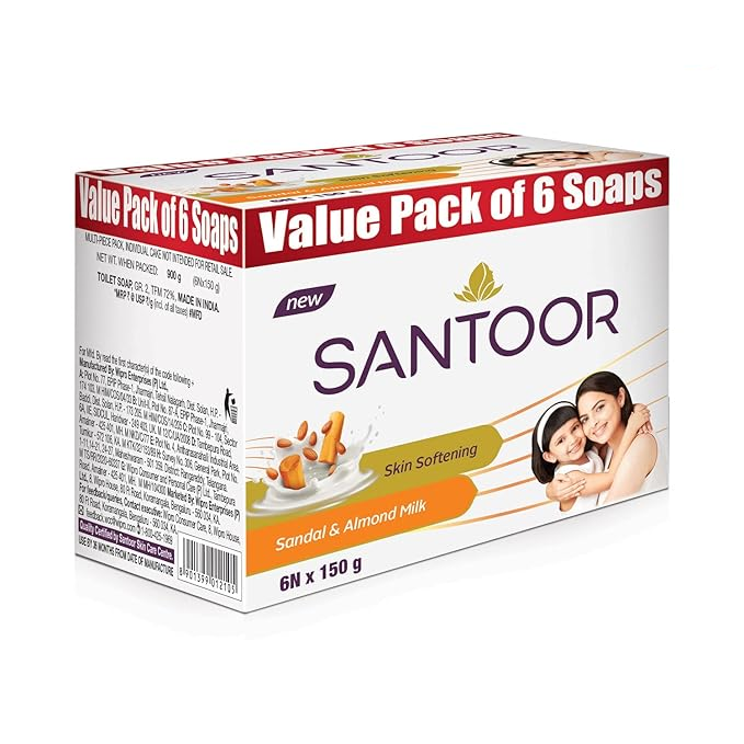 Santoor Skin Softening Bathing Bar - Sandal & Almond Milk, 150g (Set of 6)