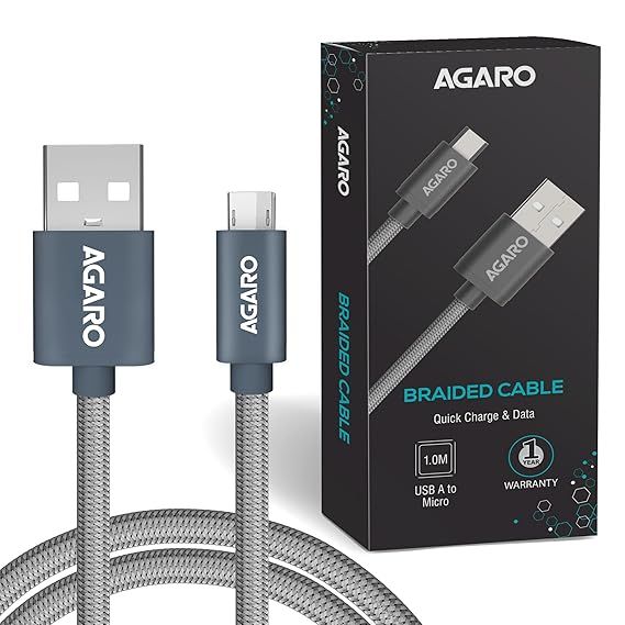 Agaro Micro USB Charging & Data Tough Nylon Braided Cable - Grey, 1.0m