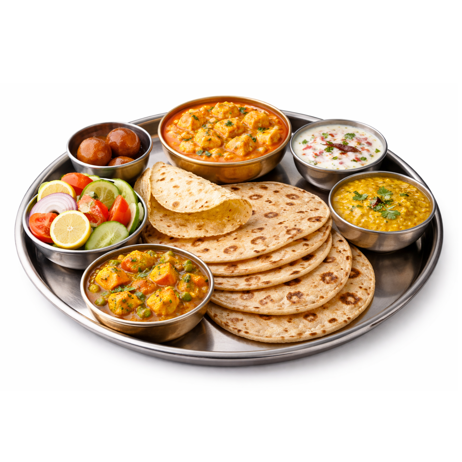 Special Thali (Paneer Butter Masala + Dal Fry + Mix Veg + Veg Raita + Salad + Papad + Tawa Roti 4 + Sweet), 1 Bowl