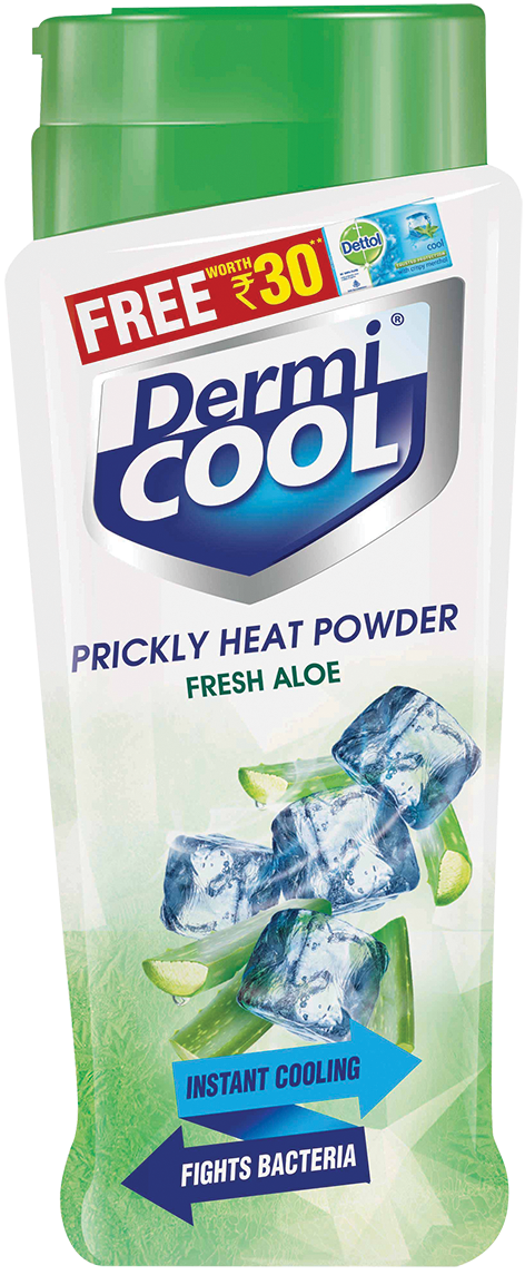 Dermi Cool Prickly Heat Talcum Powder - Aloe Fresh, 90g (Free Dettol Cool Soap, 75g)
