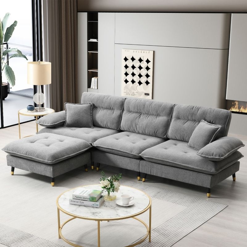 Gray Channel Tufted L Shaped Sectional Sofa with Ottoman