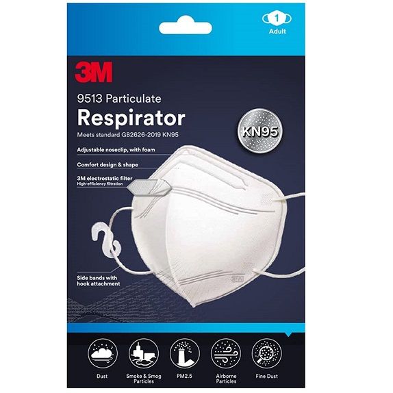3M 9513 Respirator KN95 Comfort Design Face Mask - White, 1pc