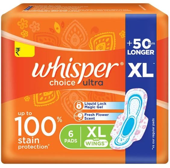 Whisper Choice Ultra Upto 100% Stain Protection Sanitary Pads - XL, 6pc