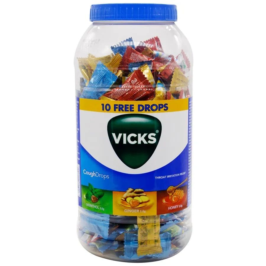 Vicks (Re.1) Throat Cough Drops Jar - Menthol, Ginger, Honey, 2g (Set of 295) (10pc Free)