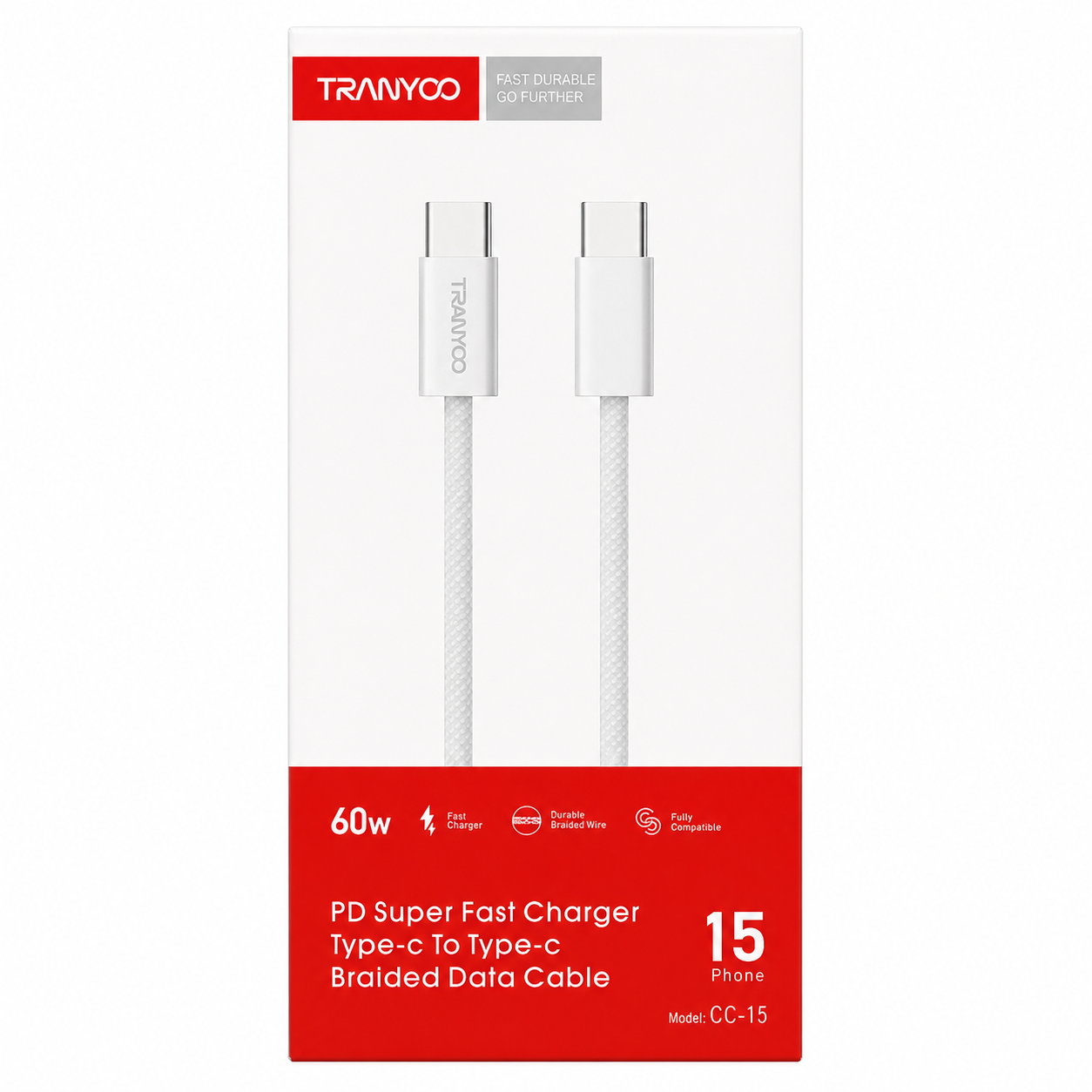 Tranyoo | CC-15 | Type-C to Type-C Data Cable PD Super Fast Charging Braided