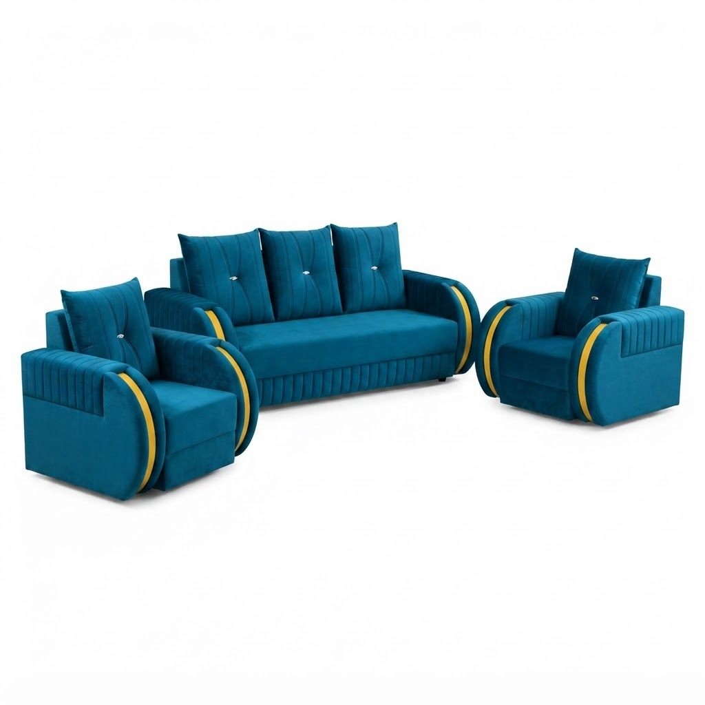 Blue Velvet 3 + 2 Seater Sofa Set