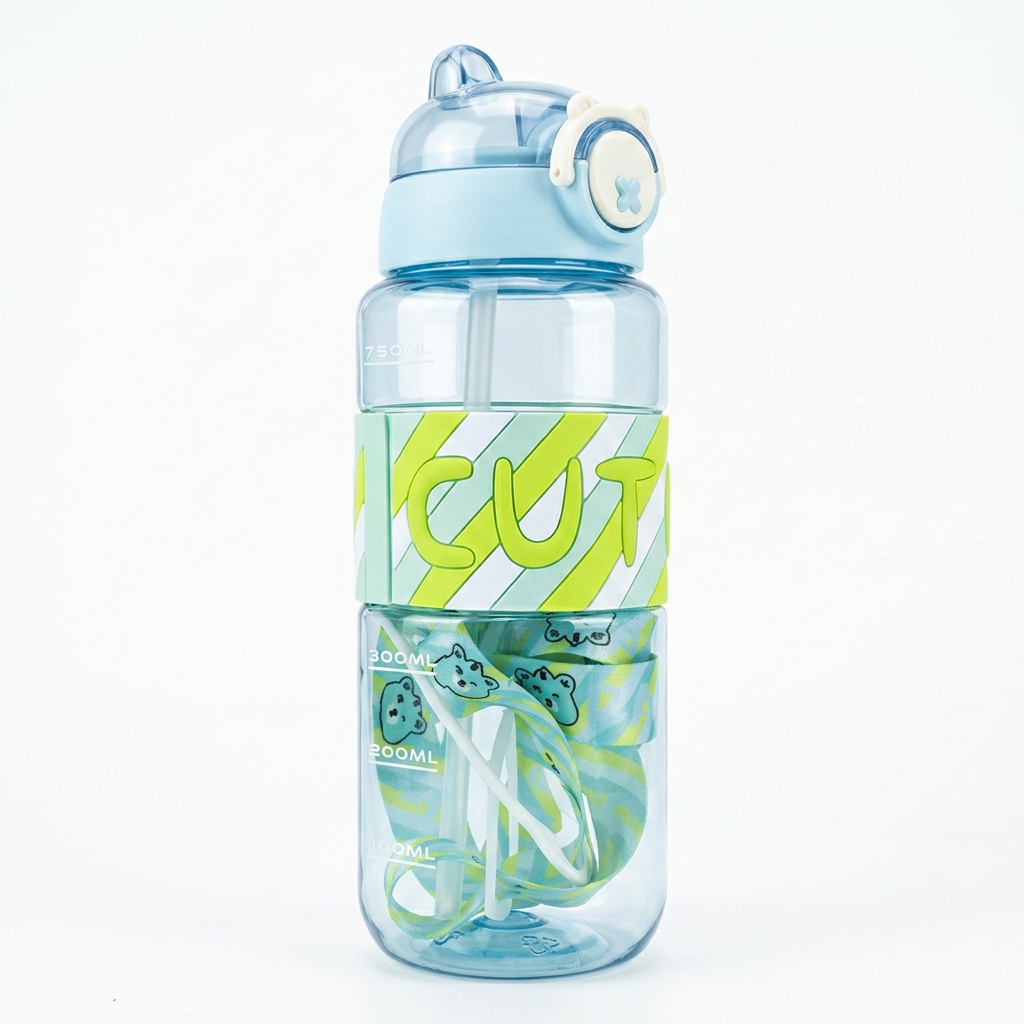 Kids Water Bottle - Straw and CUTE Carry Strap, 1pc