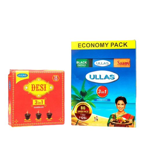 Ullas 3-in-1 Agarbatti, 250g (Dhoop Sambrani Cub Free)