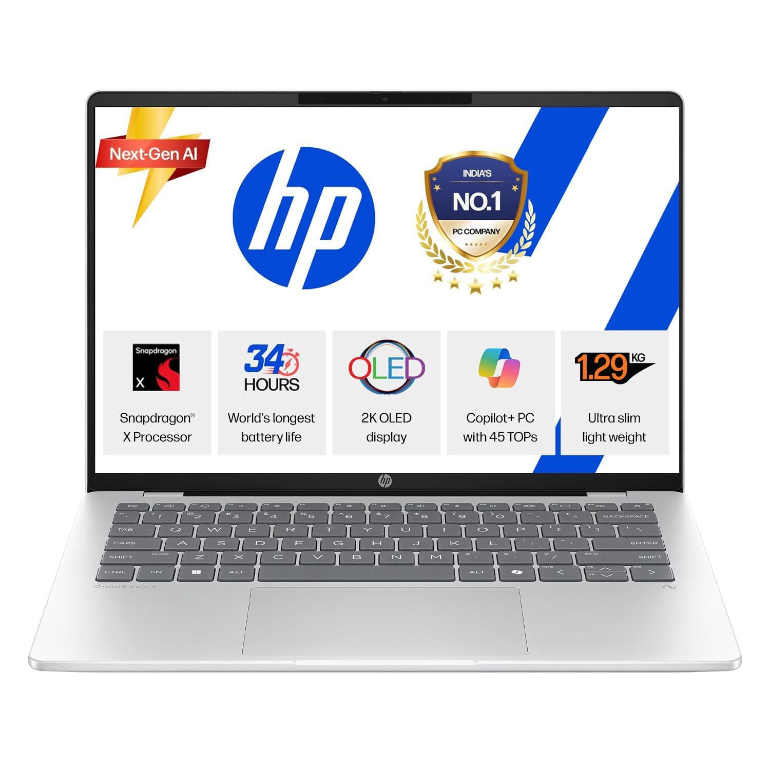 HP | OmniBook 5 | 2K OLED AI Laptop (14 inch, 1.29kg, Snapdragon, 16GB, 512GB, Silver)