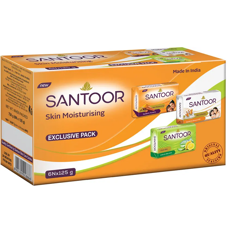 Santoor Total Skin Care Soap -  Aloe Vera, Almond, Sandal & Turmeric, 125g (Set of 6)