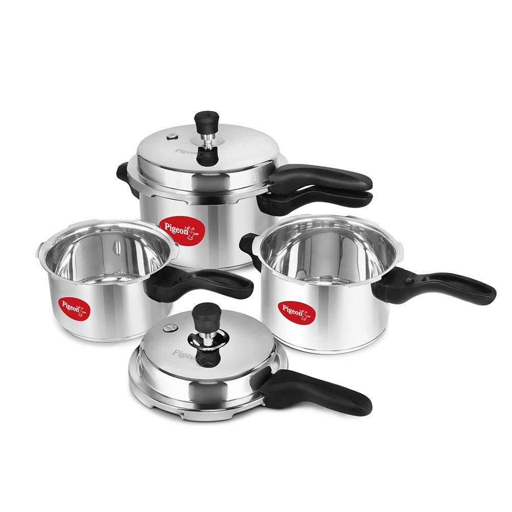 Pigeon Induction Base Outer Lid Stainless Steel Pressure Cooker Combo (2L, 3L & 5L)