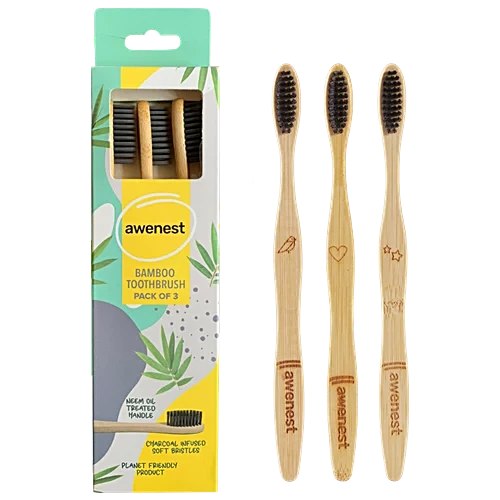 awenest Bamboo Toothbrush With Charcoal Activated - Soft (Set of 3)