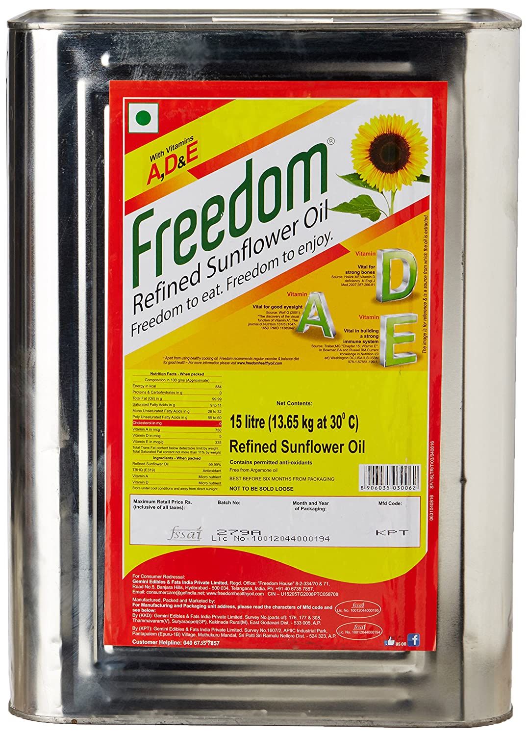 Freedom Sunflower Oil Tin, 15L