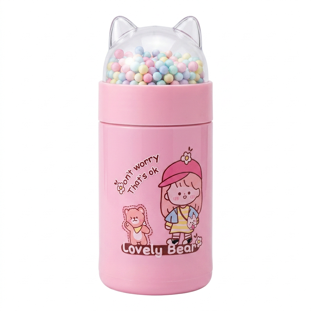 Cute Water Bottle - Cat Ear Lid and Colorful Beads, 1pc
