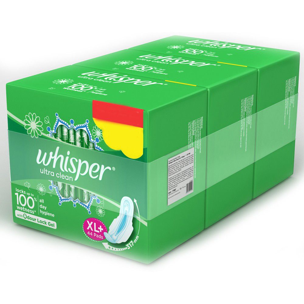Whisper Ultra Clean Sanitary Pads - XL, 44pcs (Buy 2 Get 1 Free)