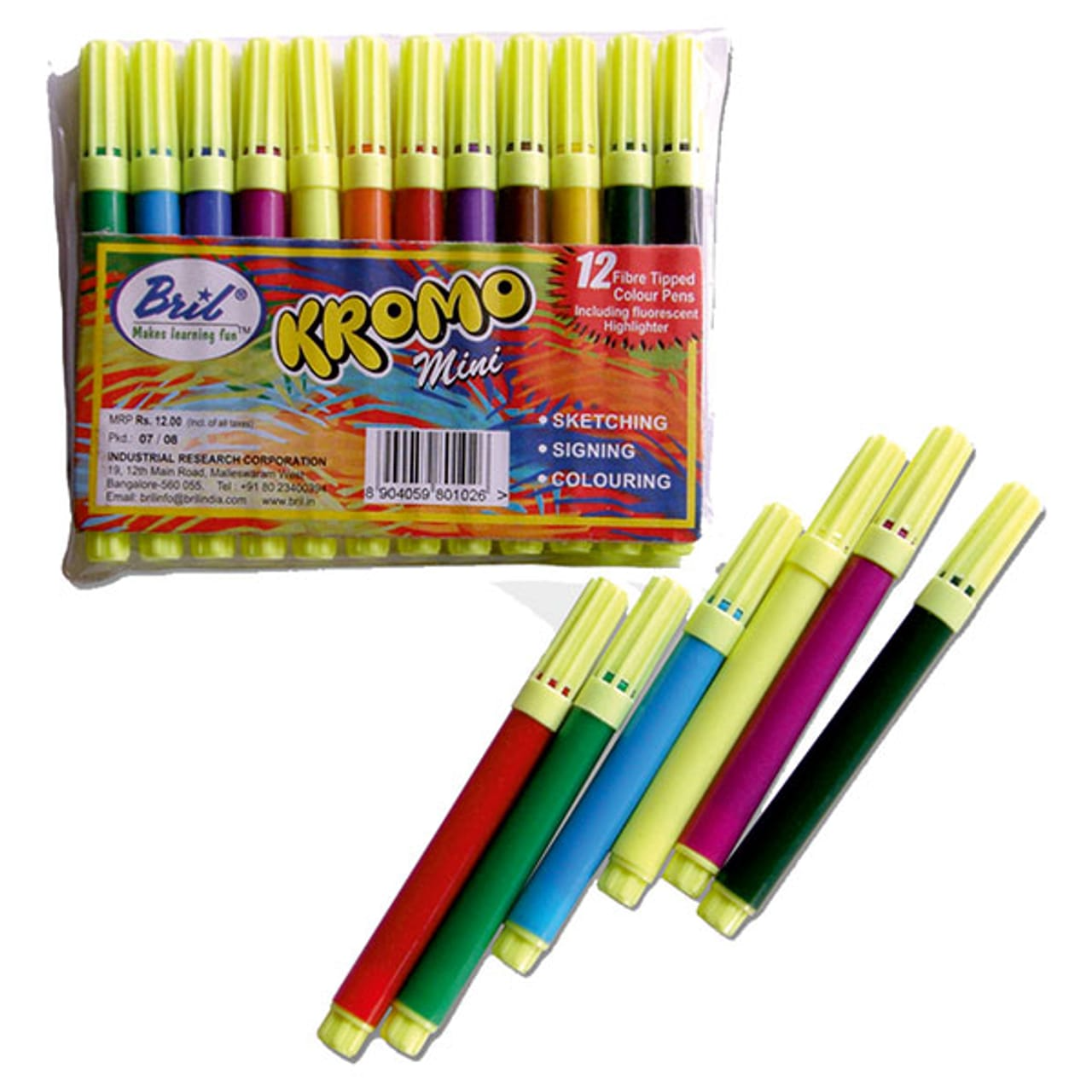 Bril Kromo Mini Fibre Tipped Colour Pens, 12pc
