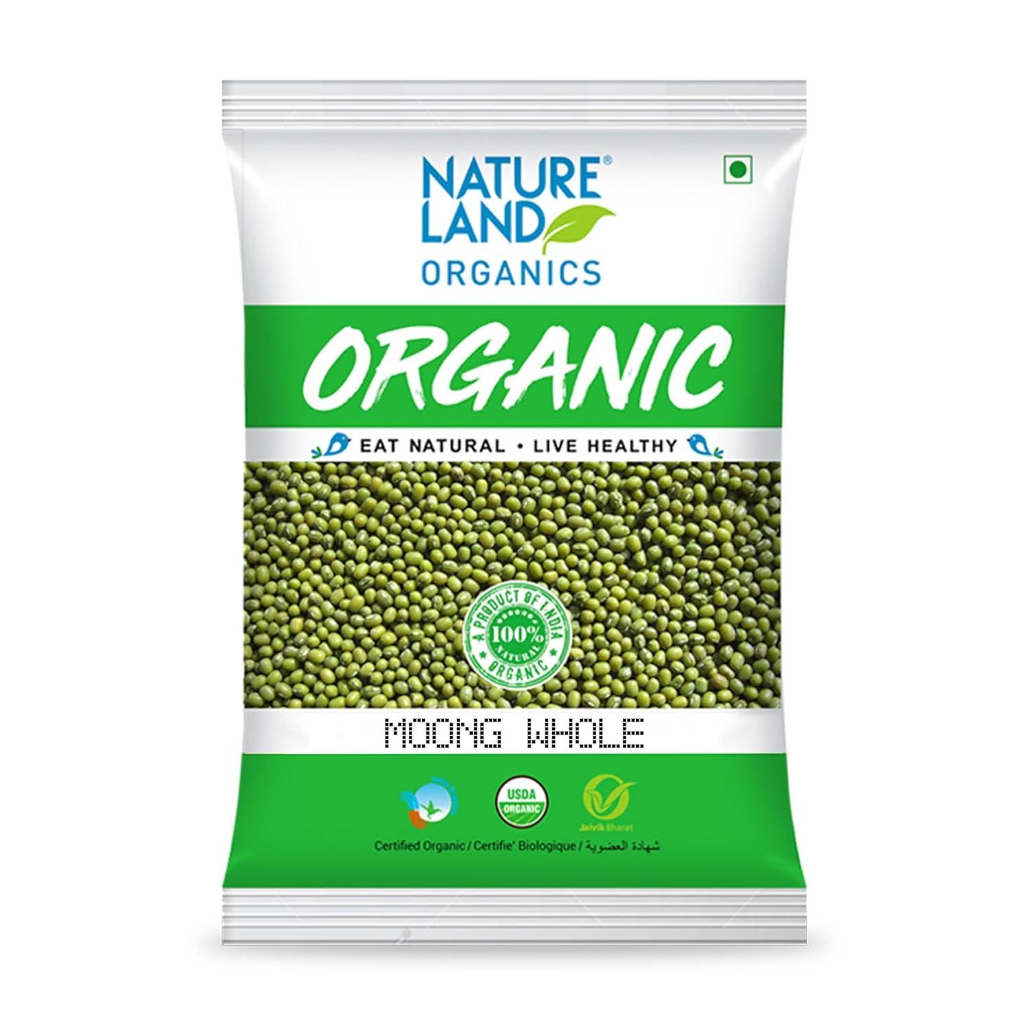 Natureland Organics Green Moong Dal Pouch - Whole, 500g
