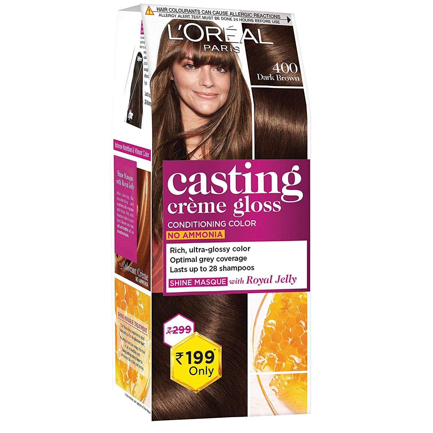 Loreal Paris Casting Creme Gloss Hair Colour - Dark Brown 400, 20g + 20ml + 5g
