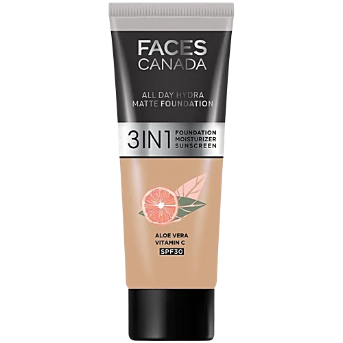 Faces Canada 3 In 1 All Day Hydra Matte Foundation - 022 Medium Natural, 15ml