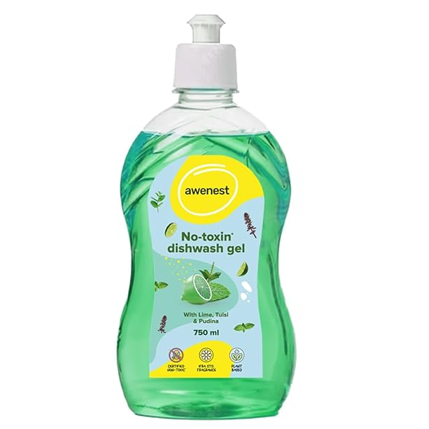 awenest No Toxin Dishwash Liquid Gel PET Bottle - Lime, Tulsi & Pudina, 750ml