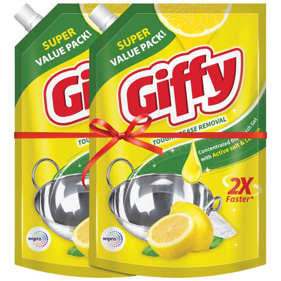 Giffy Yellow Dishwash Gel Pouch - Lime & Active Salt, 290ml (Buy 1 Get 1 Free)
