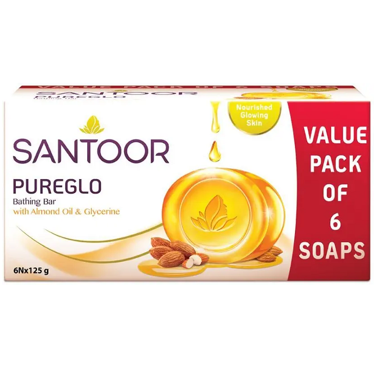 Santoor PureGlo Bathing Bar - Almond Oil & Glycerine, 125g (Set of 6)