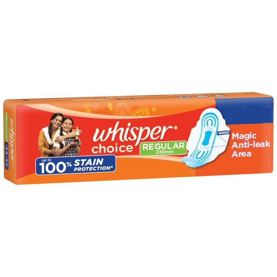 Whisper Choice Upto 100% Stain Protection Sanitary Pads - Regular, 6pc