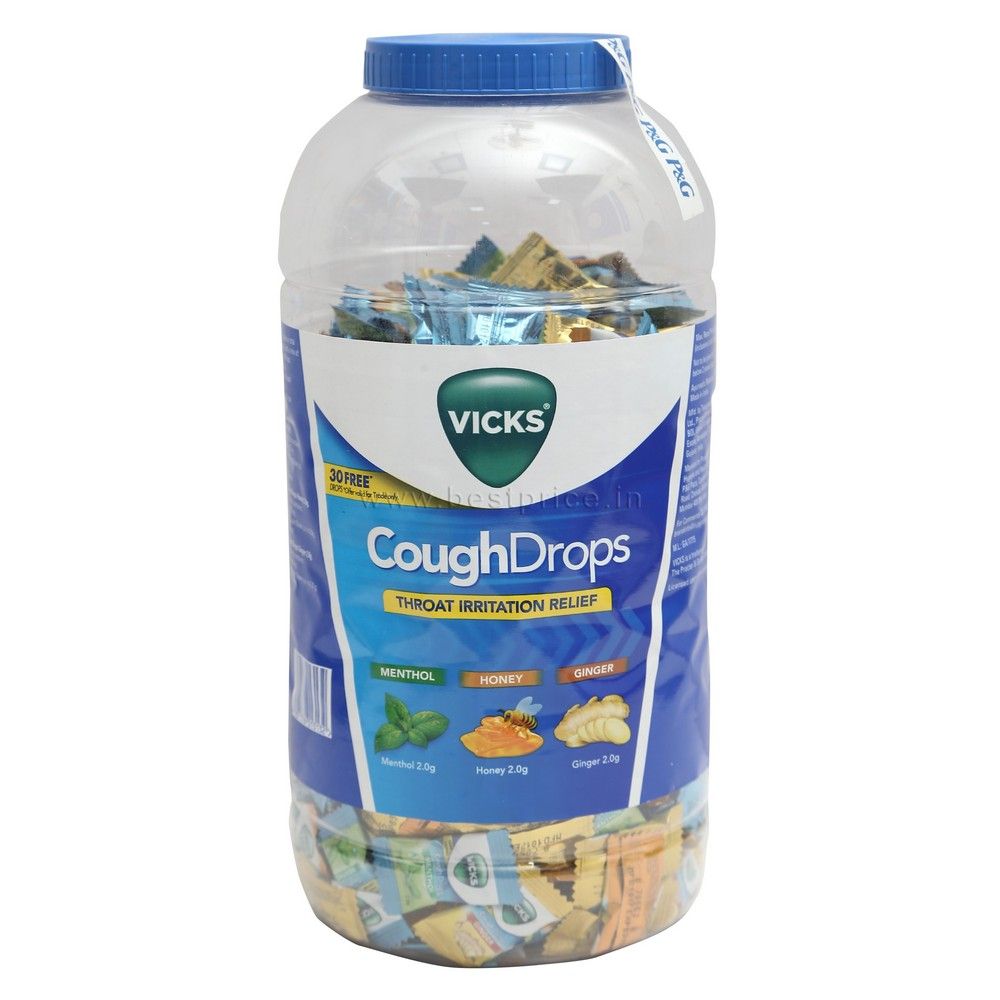 Vicks (Re.1) Throat Cough Drops Jar - Menthol, Ginger & Honey, 1.8g (Set of 495) (30pc Free)