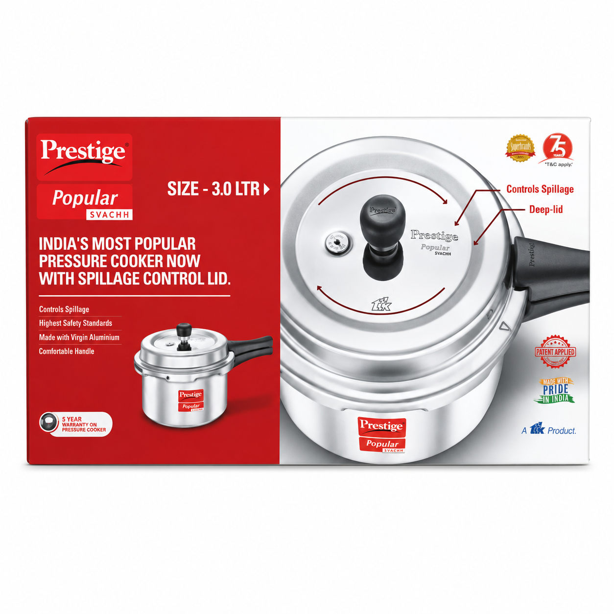 Prestige Popular Svachh Aluminium Pressure Cooker- Silver, 3L