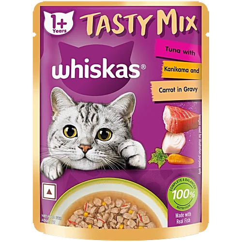 Whiskas Adult 1+ Year Tasty Mix Wet Cat Food - Real Fish Tuna Kanikama Carrot Gravy Pouch, 70g (MD)