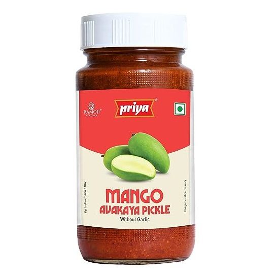 Priya Pickle Glass Bottle - Mango Avakaya Without Garlic, 300g