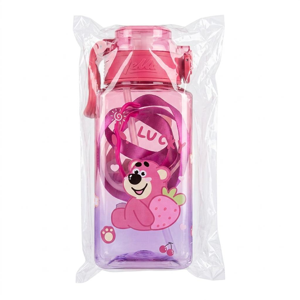 Lucky Pink Bear Water Bottle with Strap, 1pc