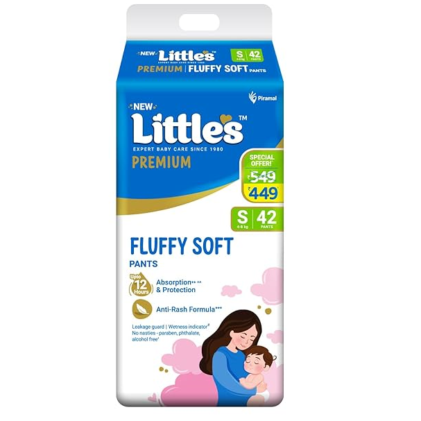 Little's Premium Baby Fluffy Soft Diaper Pants - S, 42pc (4-8kg)