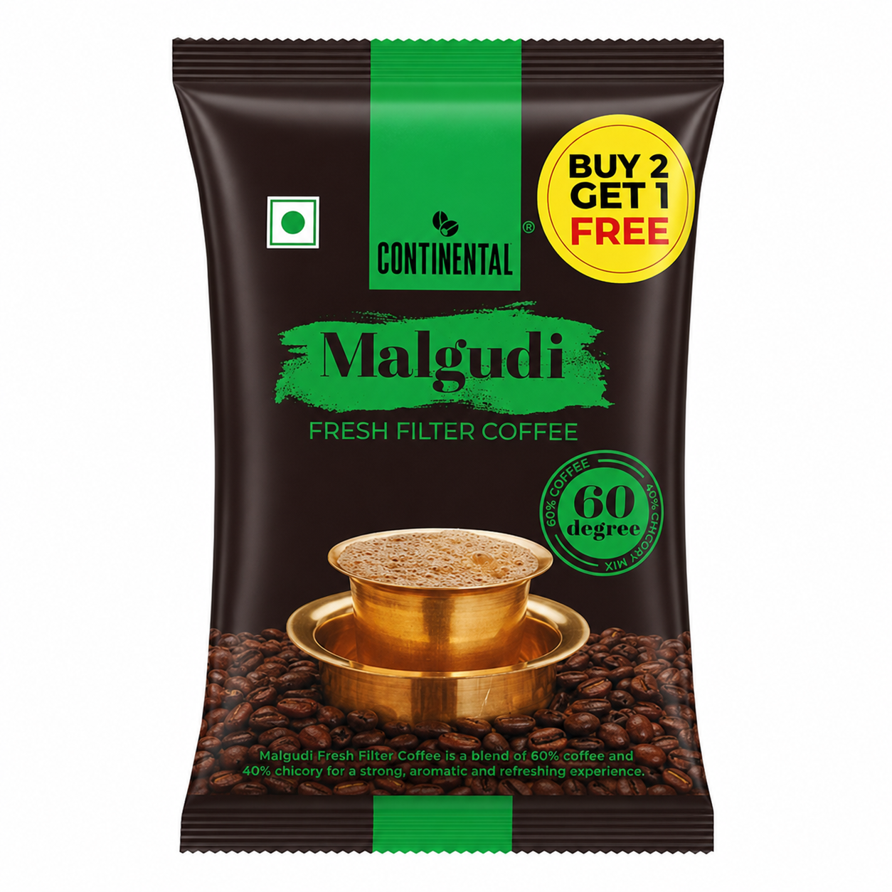 Continental Malgudi 60 Degree Fresh Filter Coffee Pouch, 50g (Buy 2 Get 1 Free)