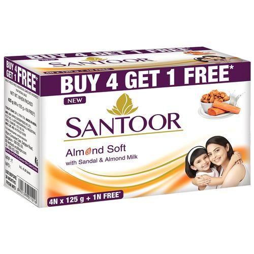 Santoor White Soap - Sandal & Almond Milk, 125g (Buy 4 Get 1 Free)