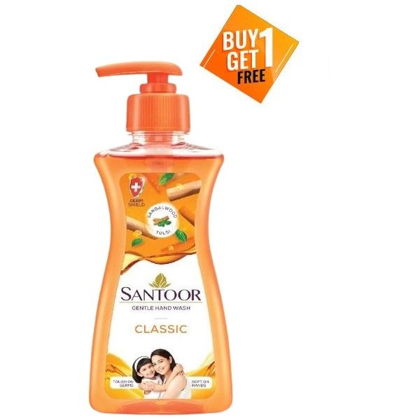 Santoor Gentle Hand Wash Classic Pump - Sandalwood & Tulsi, 200ml (Buy 1 Get 1 Free)