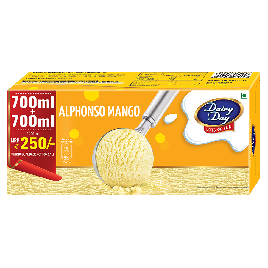 Dairy Day Ice Cream Carton - Alphonso Mango, 700ml (Buy 1 Get 1 Free)