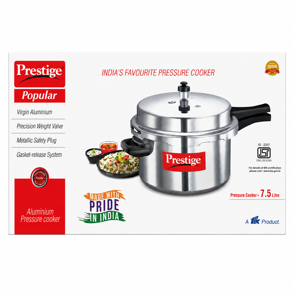Prestige Popular Aluminium Pressure Cooker, 7.5L