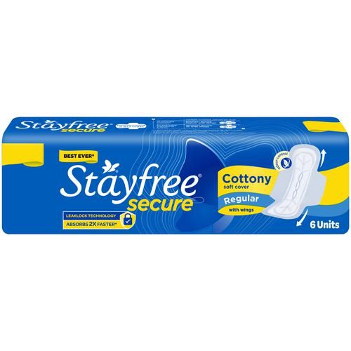 Stayfree Secure Cottony Soft Cover With Wings Sanitary Pad - Regular, 6pcs