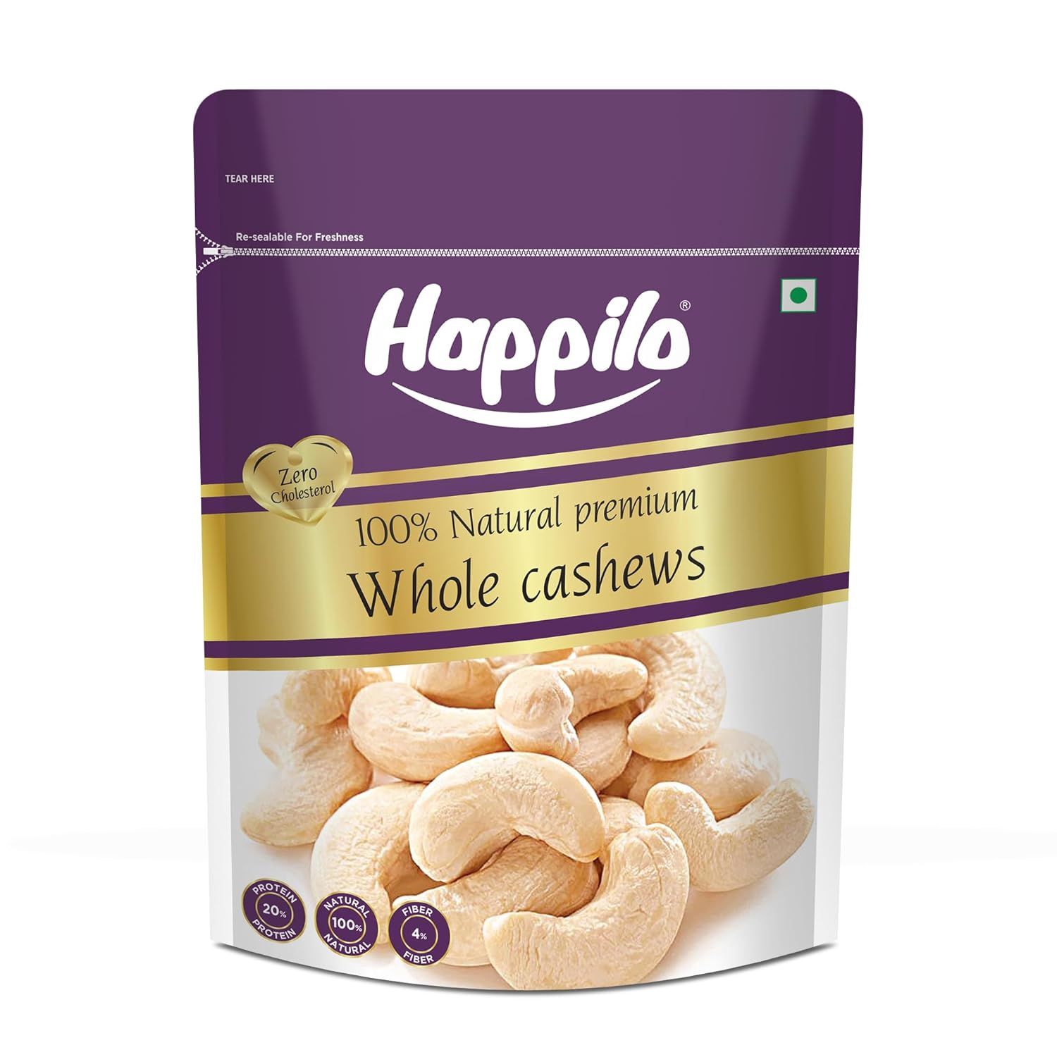 Happilo 100% Natural Premium Cashews - Whole, 500g