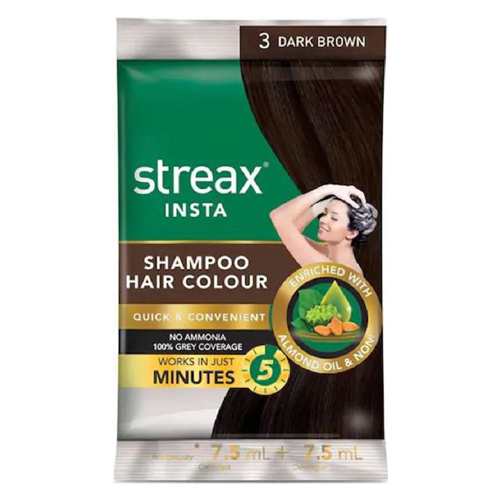 Streax Insta Shampoo Hair Colour - Dark Brown 3, 15ml