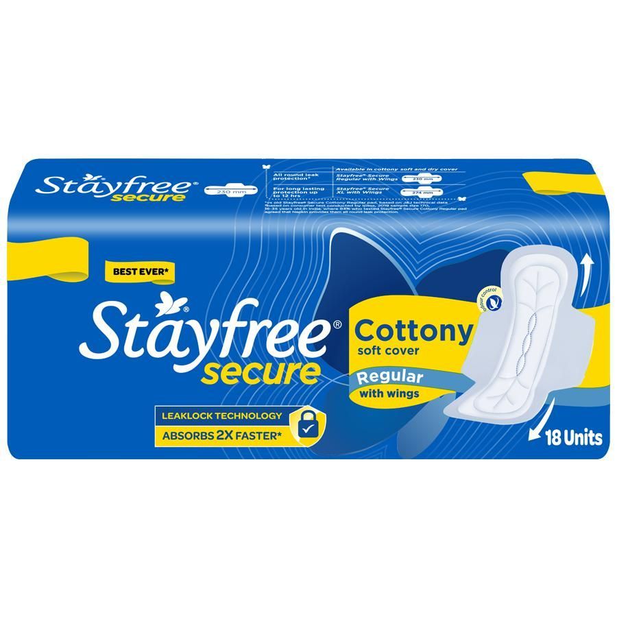 Stayfree Secure Cottony Soft Sanitary Pads - Regular Wings, 18pc