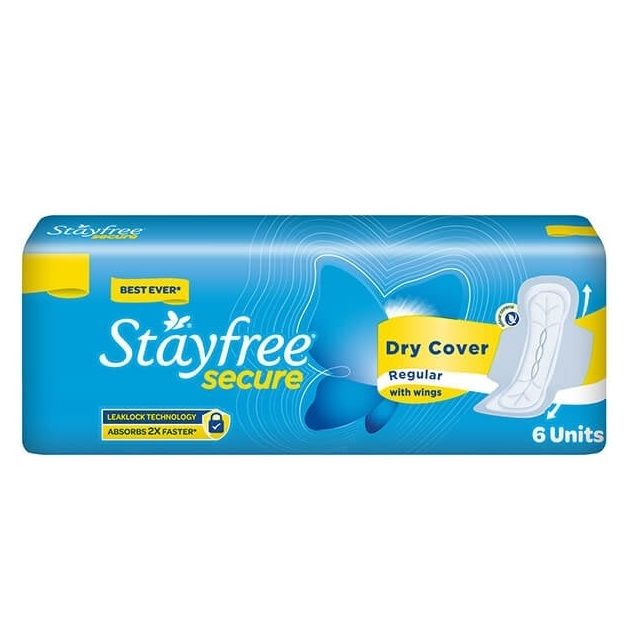 Stayfree Secure Dry Cover Sanitary Pads - Regular Wings, 6pc