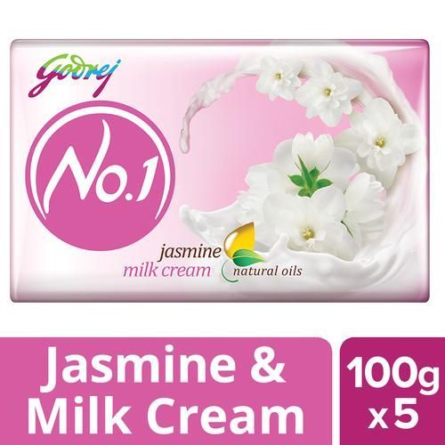 Godrej No.1 Bathing Soap - Jasmine & Milk Cream, 100g (Set of 5)