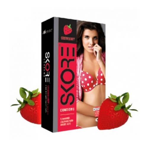Skore Strawberry Flavoured Dotted & Coloured Condoms with Extra Lubrication, 10pc