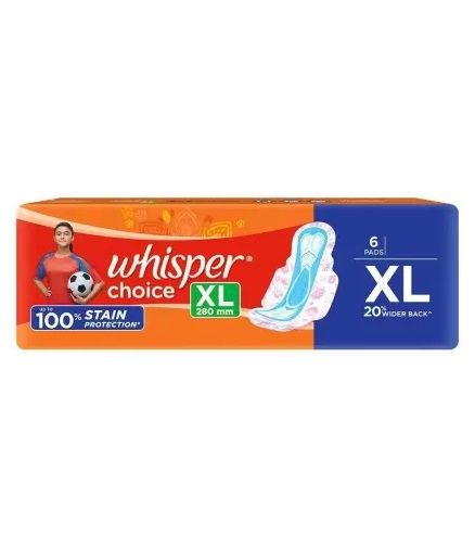 Whisper Choice Upto 100% Stain Protection Sanitary Pads - XL, 6pcs