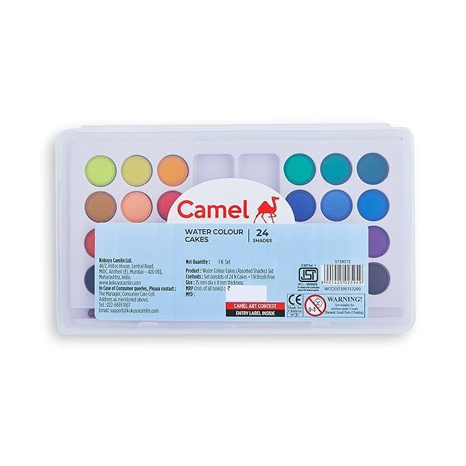 Camel Student Water Colours Cakes With Lens Type Lid - Assorted, 24 Shades